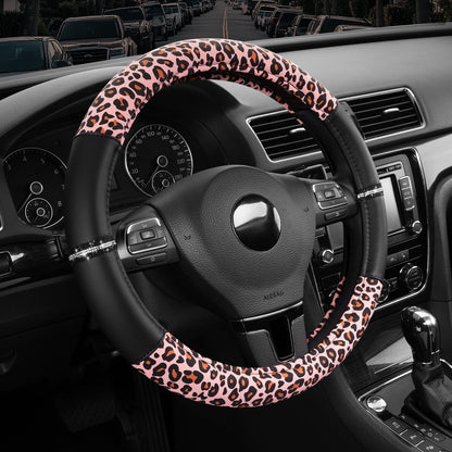 Road Comforts Leopard Steering Wheel Cover for Women, Cute Anti-Slip Premium PVC Leather, Fit 14.5-15 Inches Round Steering Wheel - Black