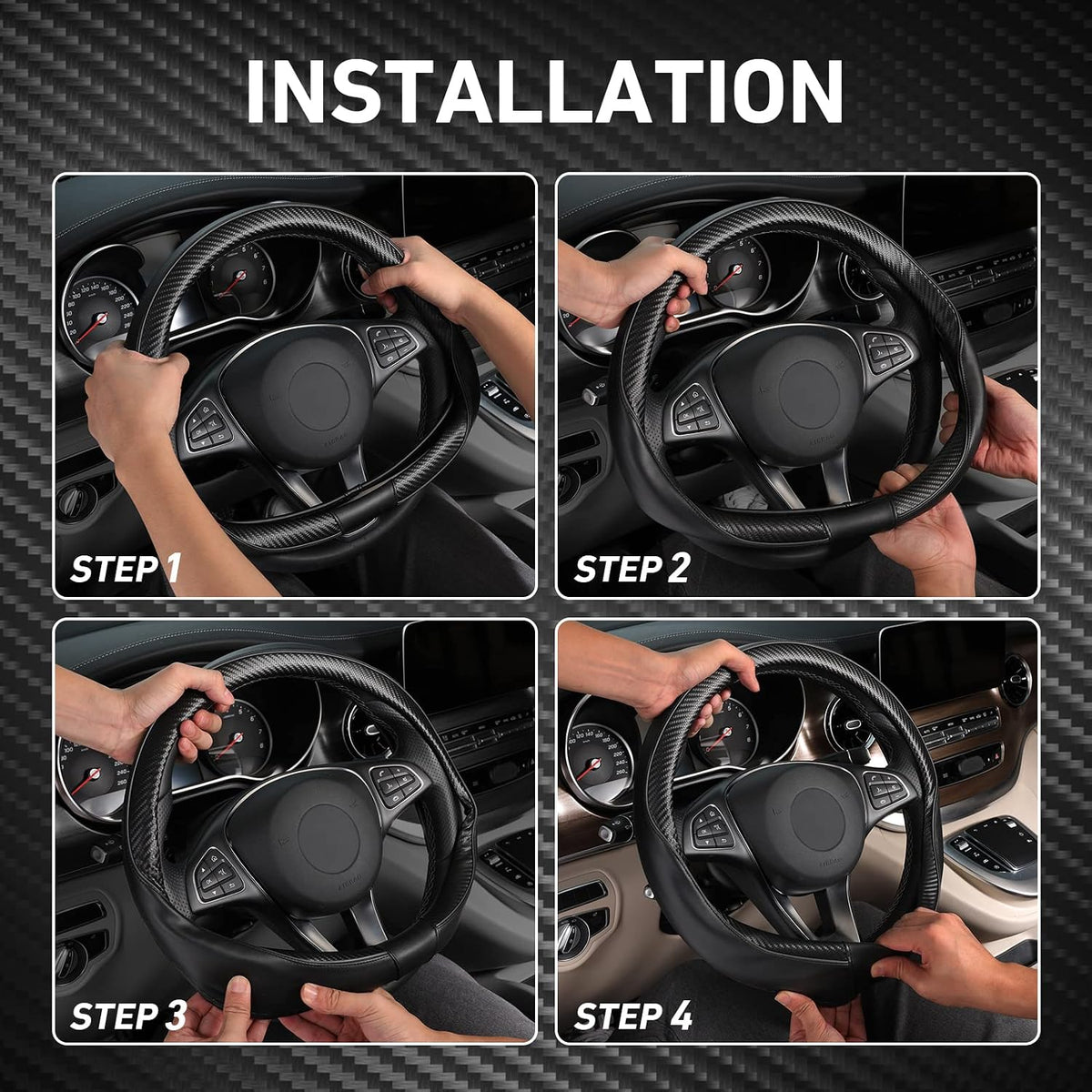 SEG Direct Steering Wheel Cover 14.5"-15" Heavy-Duty, Black Carbon Fiber