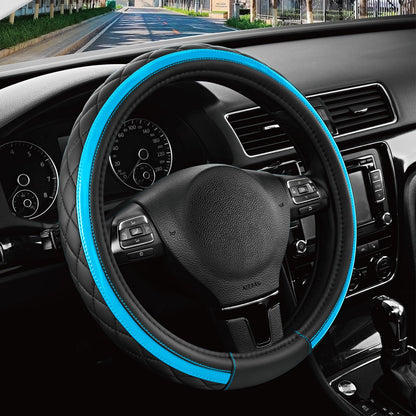 Road Comforts Leather Steering Wheel Cover – Black & Purple, Universal Fit 14.5-15 Inch, Microfiber Leather, Anti-Slip & Breathable Design for Men and Women