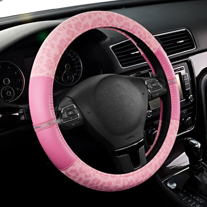 Road Comforts Leopard Steering Wheel Cover for Women, Cute Anti-Slip Premium PVC Leather, Fit 14.5-15 Inches Round Steering Wheel - Black