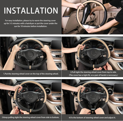 COFIT Breathable Car Steering Wheel Cover 16 inch Auto Universal Leather Wrap Non-Slip Steeringwheel Protector Automotive Interior Accessories, Beige (Suit for 15 1/2-16 inch)