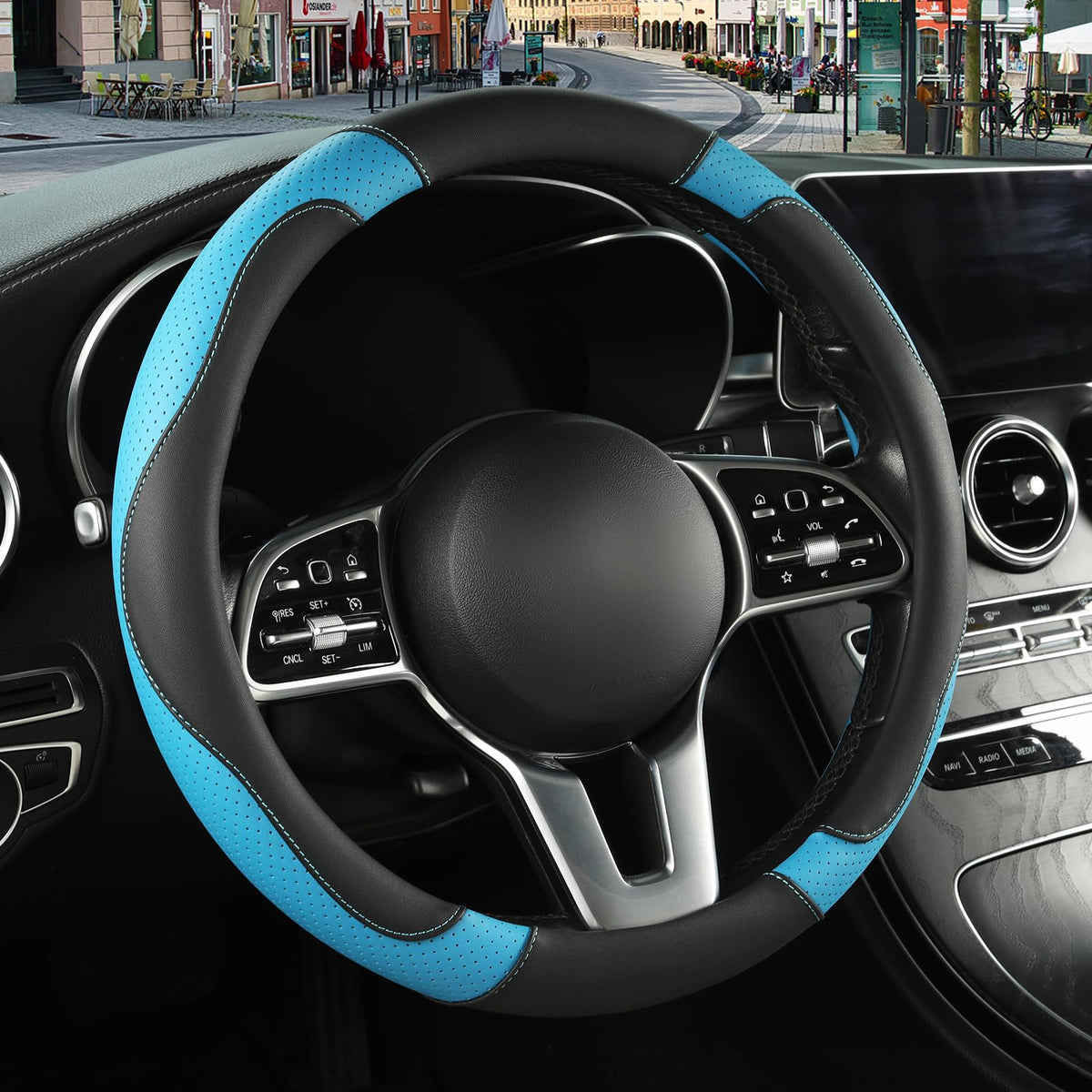 Black Orange Microfiber Leather Steering Wheel Cover 15 inch