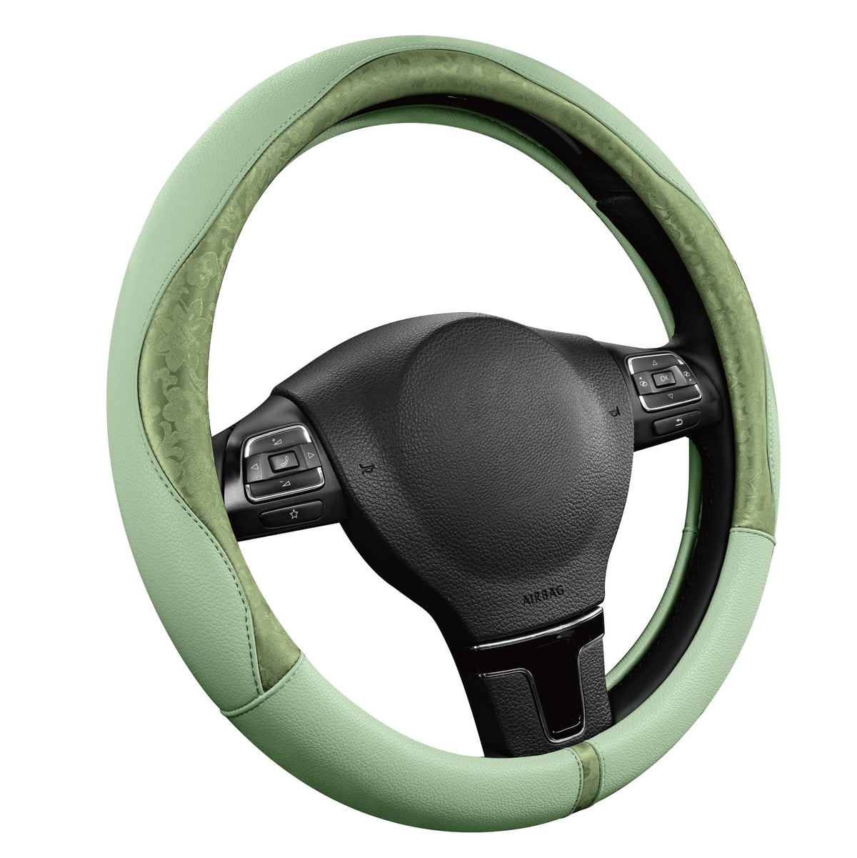 PIC AUTO Steering Wheel Cover, Green Patterned Leather Patchwork Design, Universal Fit 14.5"–15.5", Anti-Slip, Odor-Free, Soft PU Grain Leather, Durable Grip Car Accessory for Girls & Women