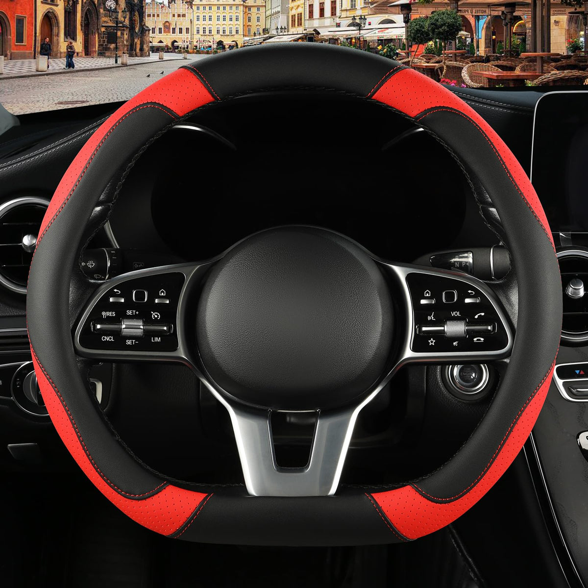 Black Orange Microfiber Leather Steering Wheel Cover 15 inch