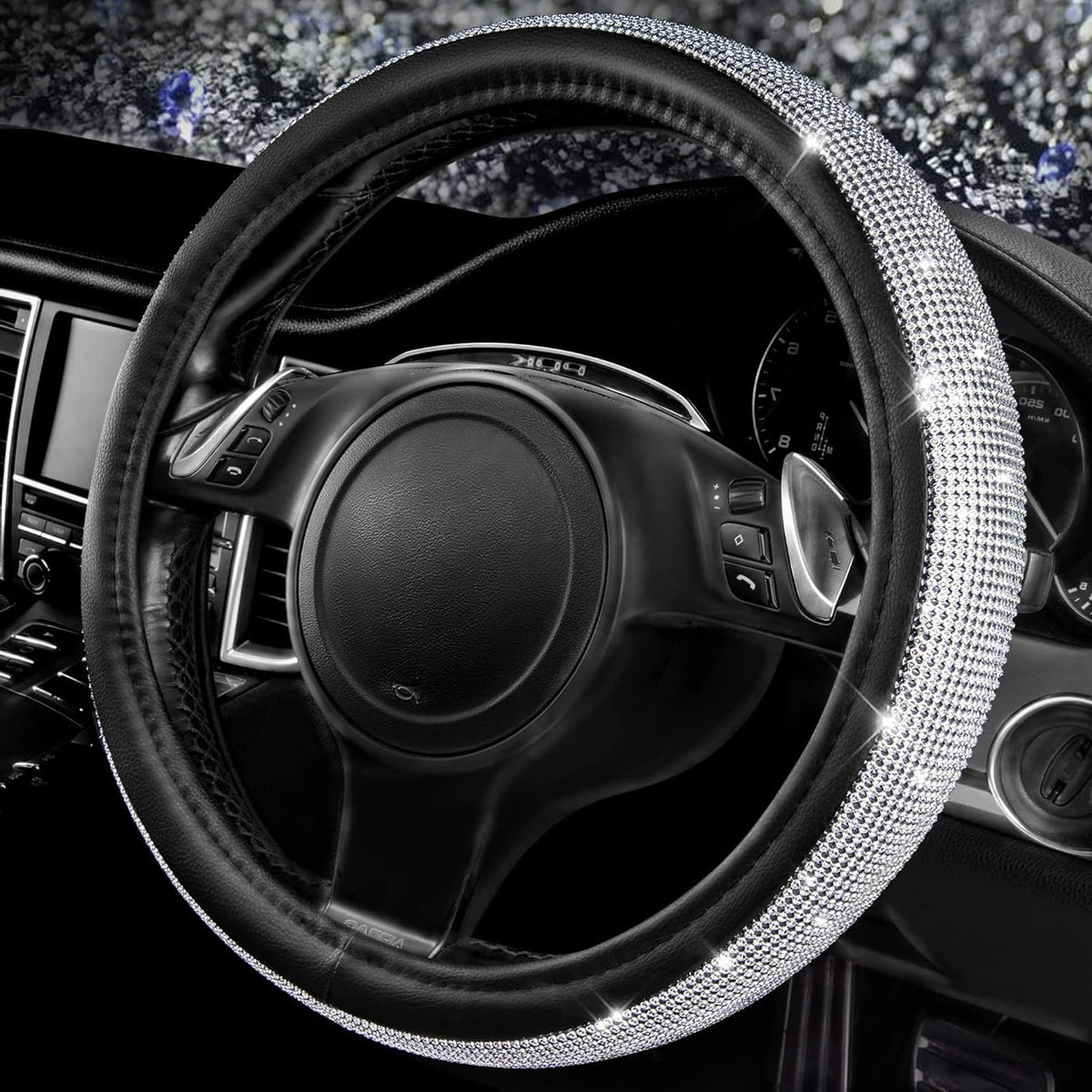CAR PASS Bling Diamond Leather Steering Wheel Cover, With Sparkly Crystal Glitter Rhinestones Universal Fit 14"1/2-15" Car Wheel Protector for Women Girl Fit Suvs,Vans,Sedans,Car,Trucks, Black Diamond