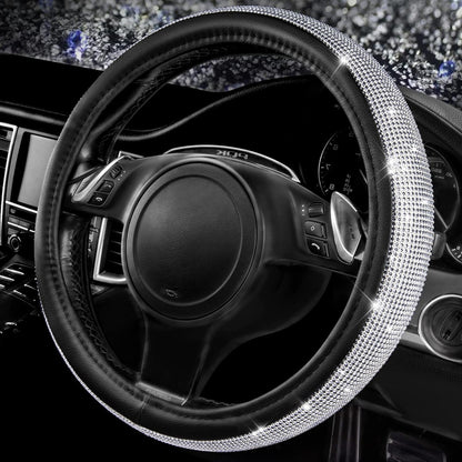 CAR PASS Bling Diamond Steering Wheel Cover Leopard Pattern, Sparkly Crystal Glitter Rhinestones Black Leather Wheel Protect for Women Girl Fit Suvs,Vans,Sedans,Cars,Trucks, 14" 1/2-15" Gold Leopard