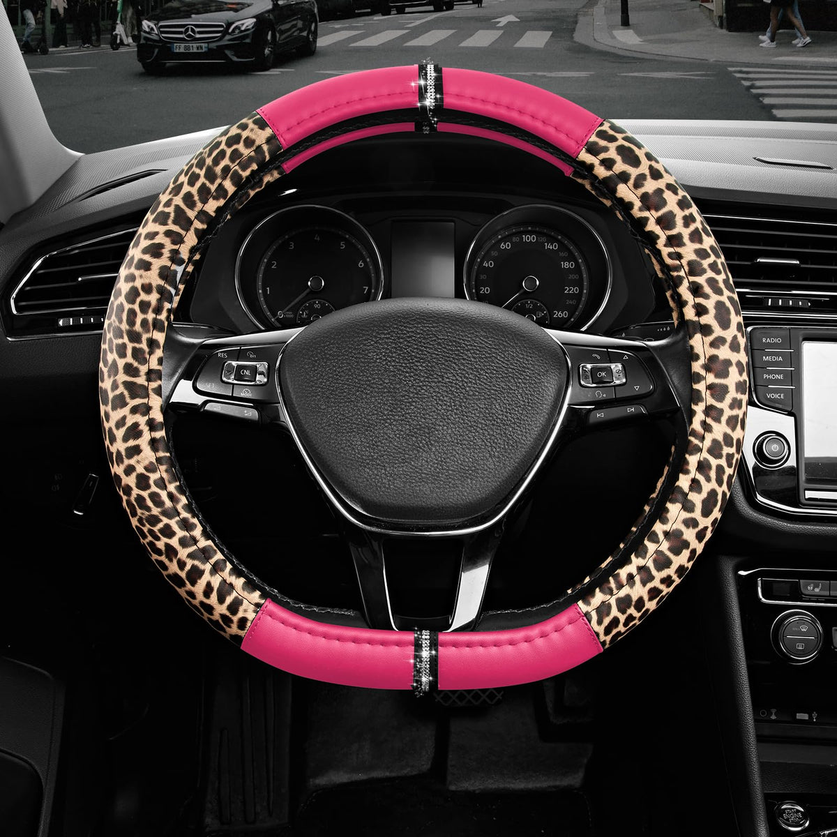 Road Comforts Leopard Steering Wheel Cover for Women, Cute Anti-Slip Premium PVC Leather, Fit 14.5-15 Inches Round Steering Wheel - Black