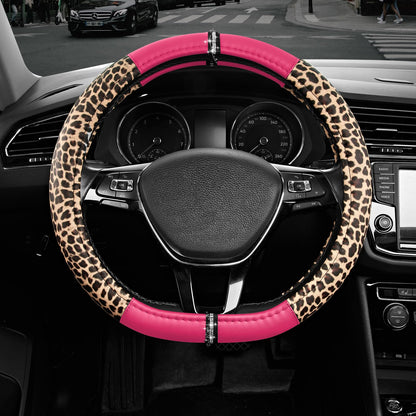 Road Comforts Leopard Steering Wheel Cover for Women, Cute Anti-Slip Premium PVC Leather, Fit 14.5-15 Inches Round Steering Wheel - Black