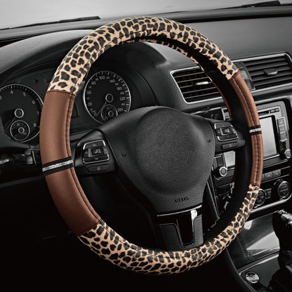 Road Comforts Leopard Steering Wheel Cover for Women, Cute Anti-Slip Premium PVC Leather, Fit 14.5-15 Inches Round Steering Wheel - Black