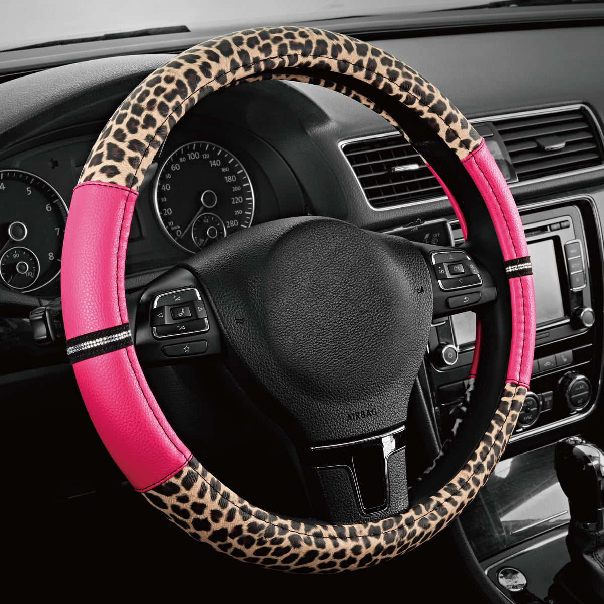 Road Comforts Leopard Steering Wheel Cover for Women, Cute Anti-Slip Premium PVC Leather, Fit 14.5-15 Inches Round Steering Wheel - Black