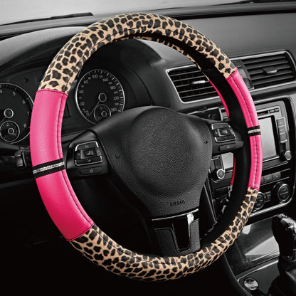 Road Comforts Leopard Steering Wheel Cover for Women, Cute Anti-Slip Premium PVC Leather, Fit 14.5-15 Inches Round Steering Wheel - Black