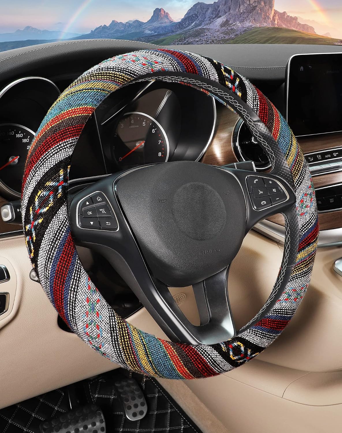 SEG Direct Boho Steering Wheel Cover, Baja Blanket Cloth, Coarse Flax