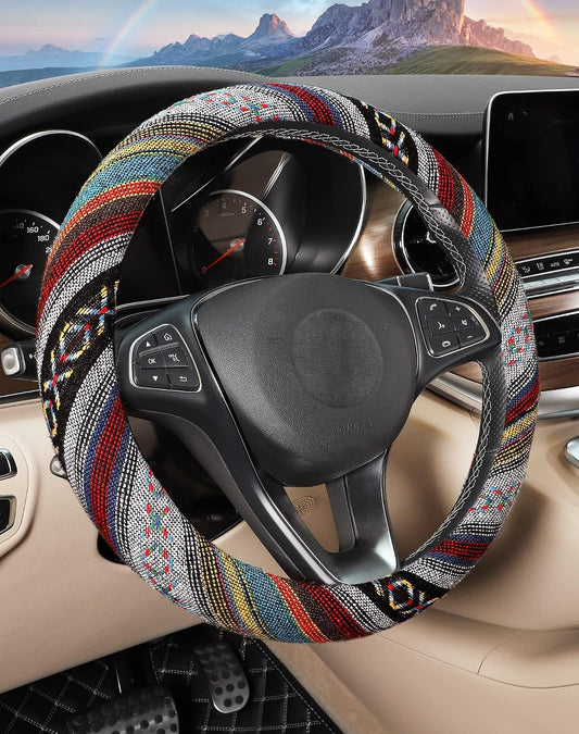 SEG Direct Boho Steering Wheel Cover, Baja Blanket Cloth, Coarse Flax