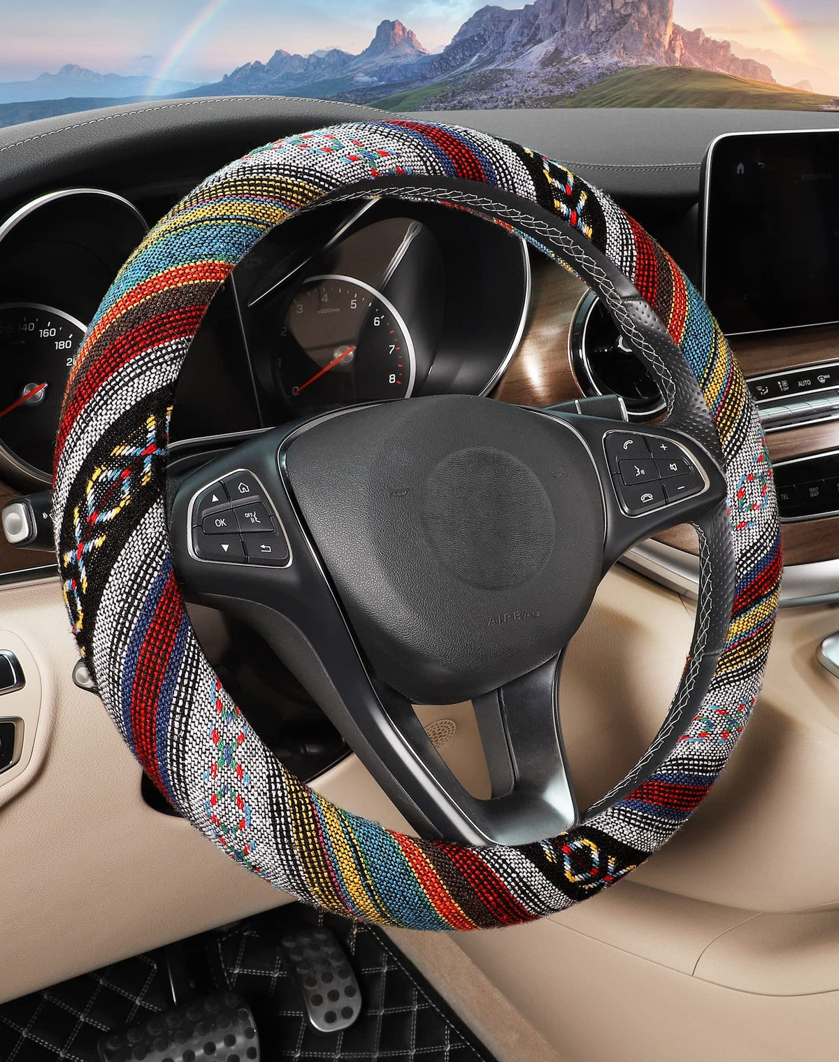 SEG Direct Boho Steering Wheel Cover, Baja Blanket Cloth, Coarse Flax