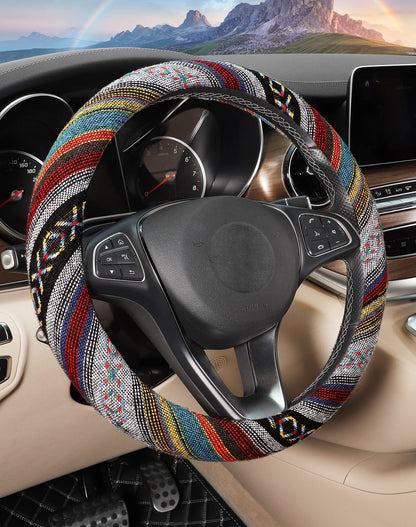 SEG Direct Boho Steering Wheel Cover, Baja Blanket Cloth, Coarse Flax