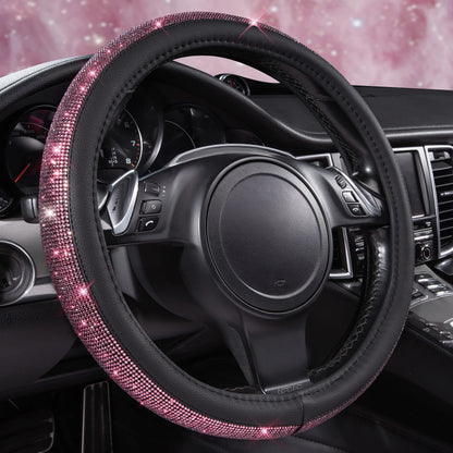 CAR PASS Bling Diamond Steering Wheel Cover Leopard Pattern, Sparkly Crystal Glitter Rhinestones Black Leather Wheel Protect for Women Girl Fit Suvs,Vans,Sedans,Cars,Trucks, 14" 1/2-15" Gold Leopard