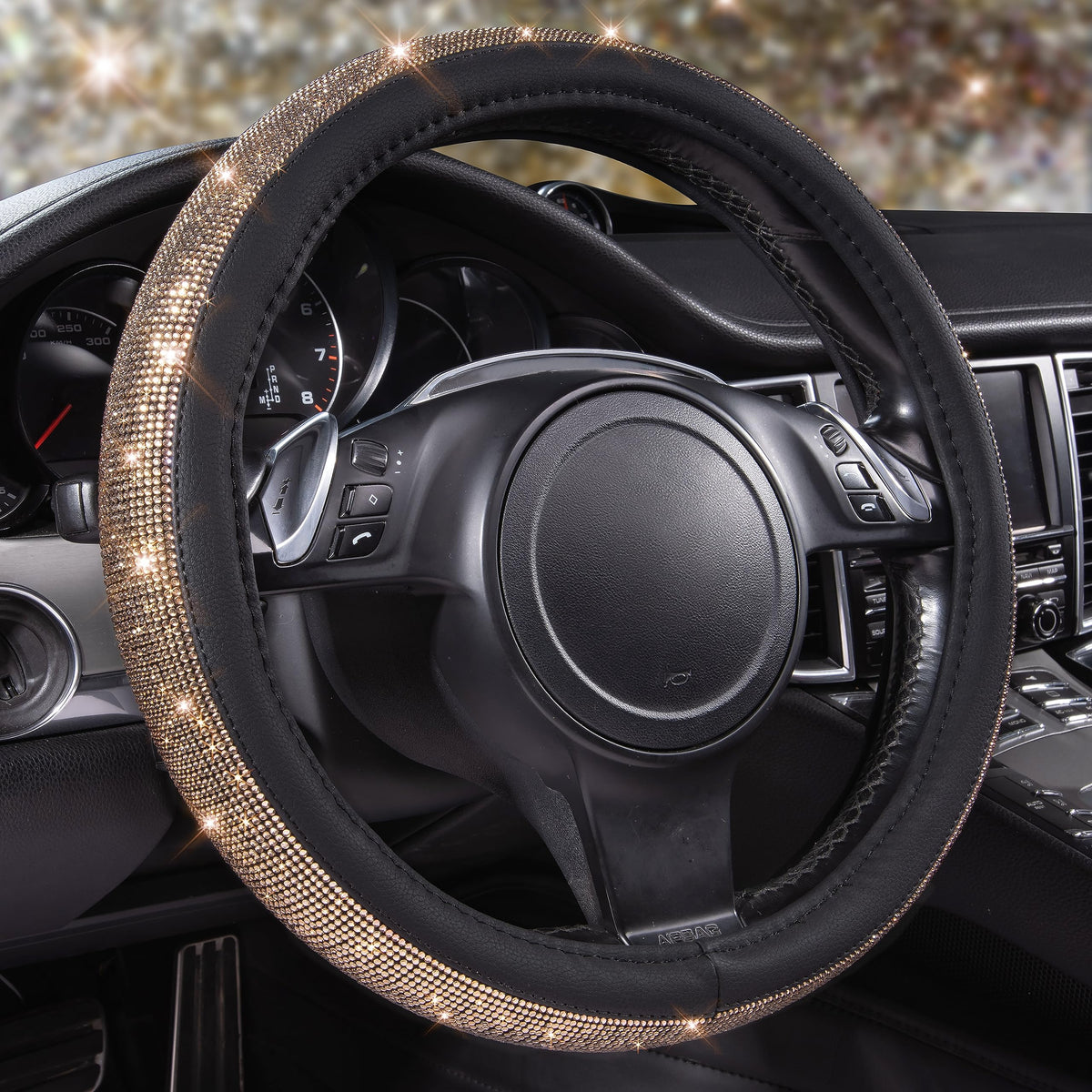 CAR PASS Bling Diamond Steering Wheel Cover Leopard Pattern, Sparkly Crystal Glitter Rhinestones Black Leather Wheel Protect for Women Girl Fit Suvs,Vans,Sedans,Cars,Trucks, 14" 1/2-15" Gold Leopard