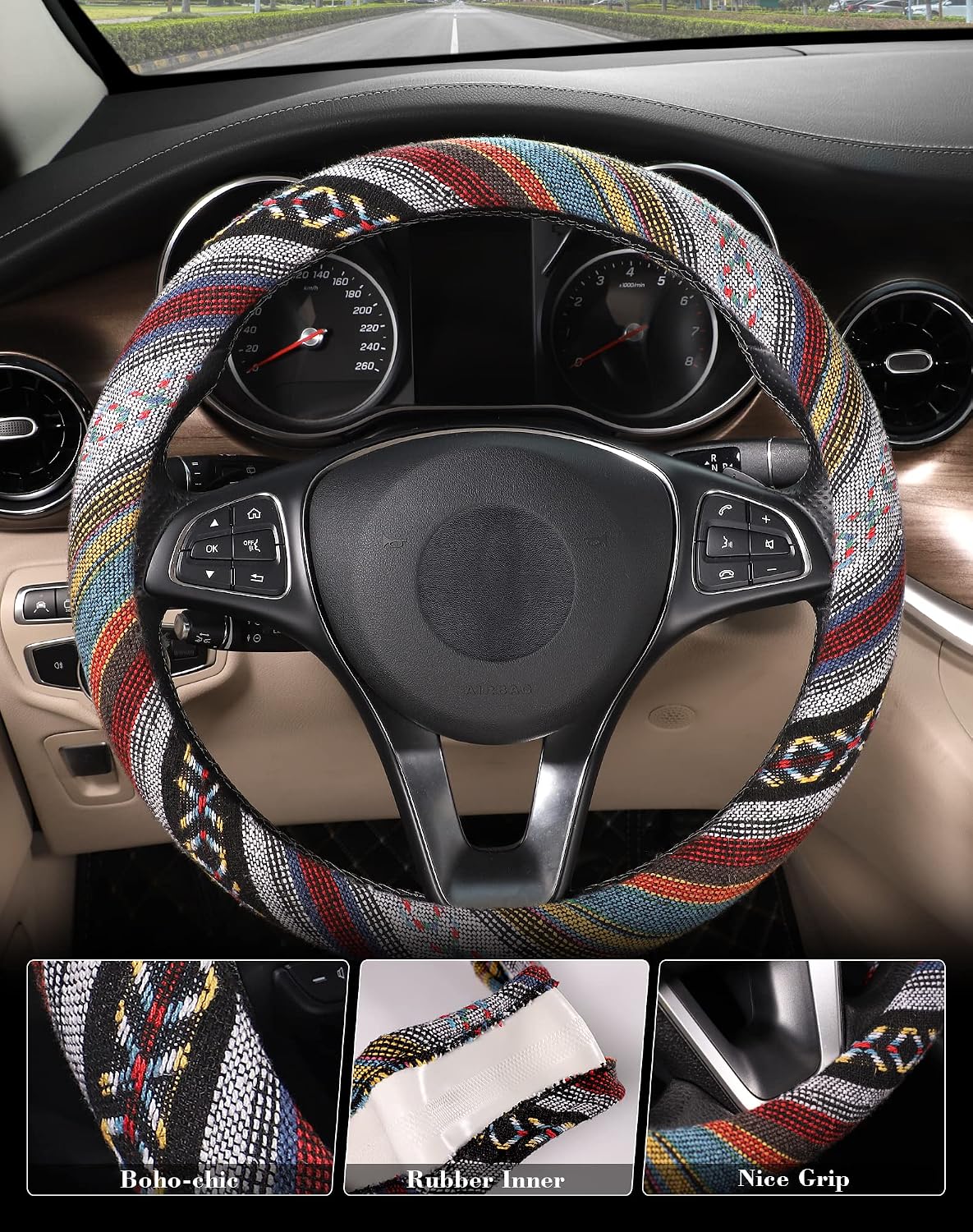 SEG Direct Boho Steering Wheel Cover, Baja Blanket Cloth, Coarse Flax