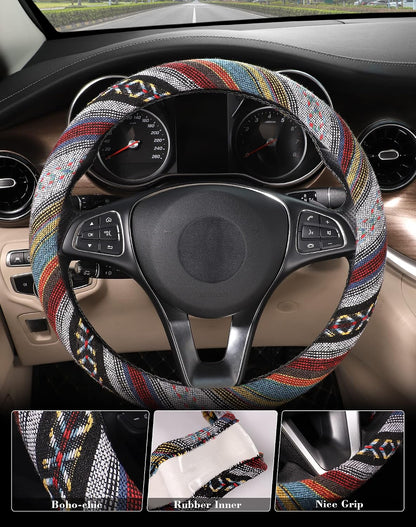 SEG Direct Boho Steering Wheel Cover, Baja Blanket Cloth, Coarse Flax