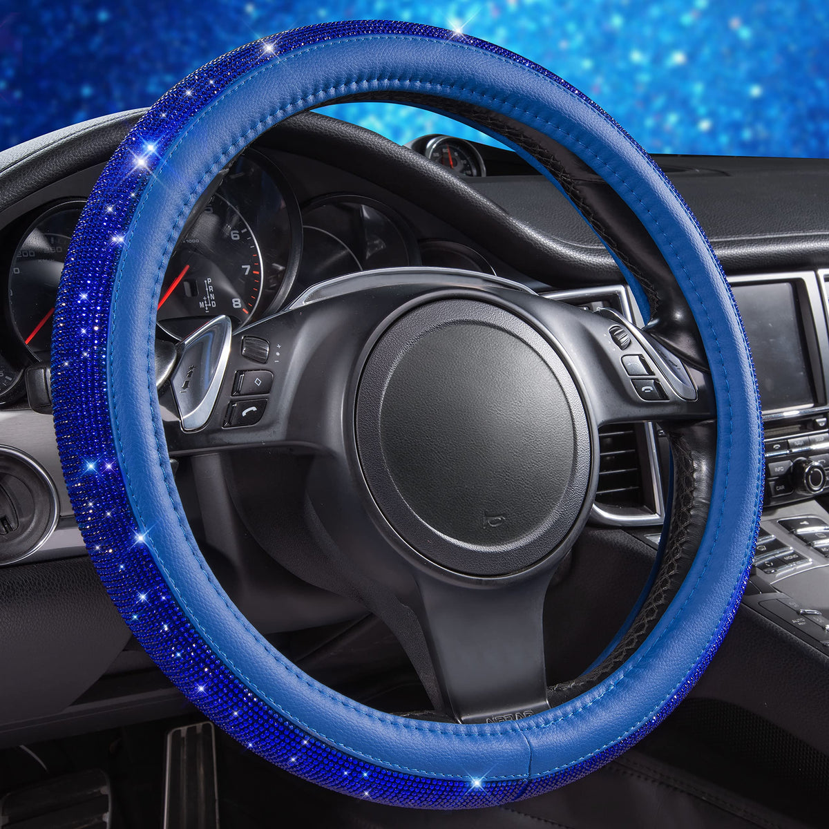 CAR PASS Bling Diamond Steering Wheel Cover Leopard Pattern, Sparkly Crystal Glitter Rhinestones Black Leather Wheel Protect for Women Girl Fit Suvs,Vans,Sedans,Cars,Trucks, 14" 1/2-15" Gold Leopard