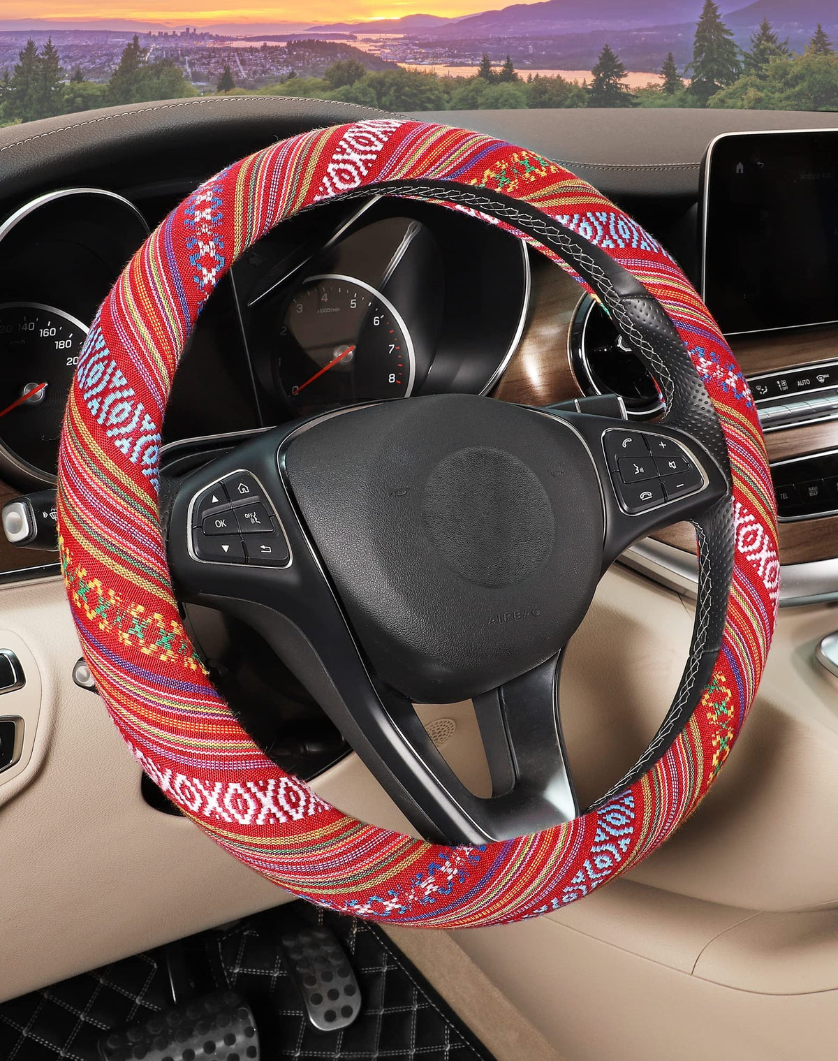 SEG Direct Boho Steering Wheel Cover, Baja Blanket Cloth, Coarse Flax