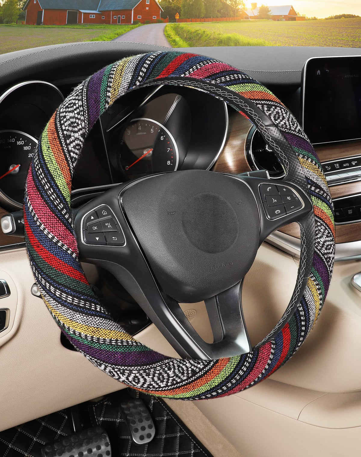 SEG Direct Boho Steering Wheel Cover, Baja Blanket Cloth, Coarse Flax