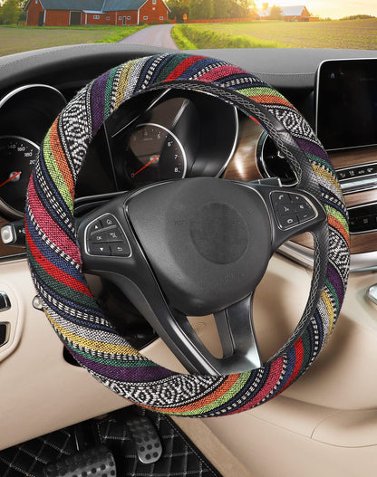 SEG Direct Boho Steering Wheel Cover, Baja Blanket Cloth, Coarse Flax