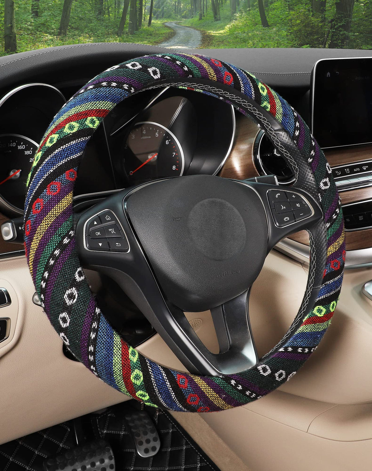 SEG Direct Boho Steering Wheel Cover, Baja Blanket Cloth, Coarse Flax