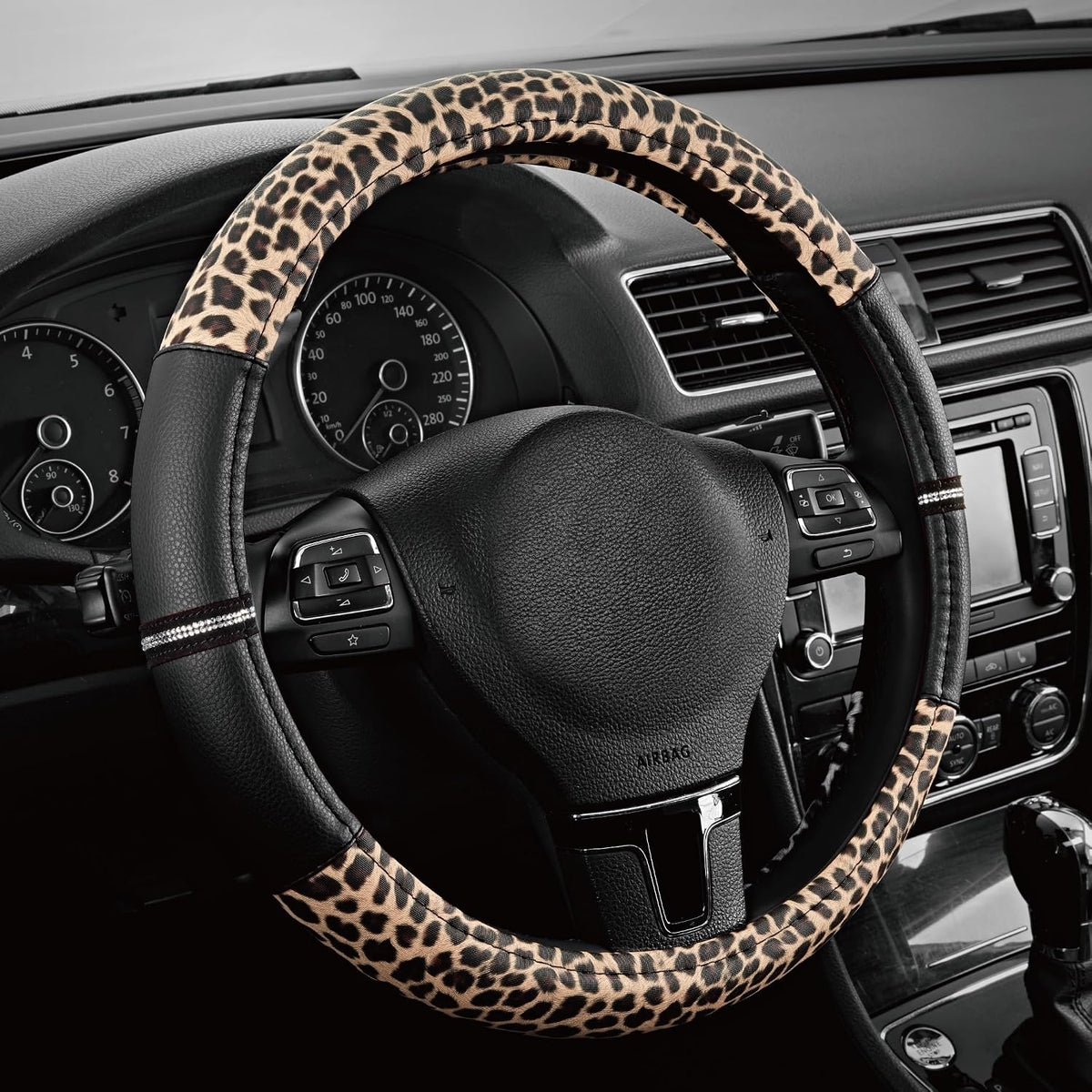 Road Comforts Leopard Steering Wheel Cover for Women, Cute Anti-Slip Premium PVC Leather, Fit 14.5-15 Inches Round Steering Wheel - Black