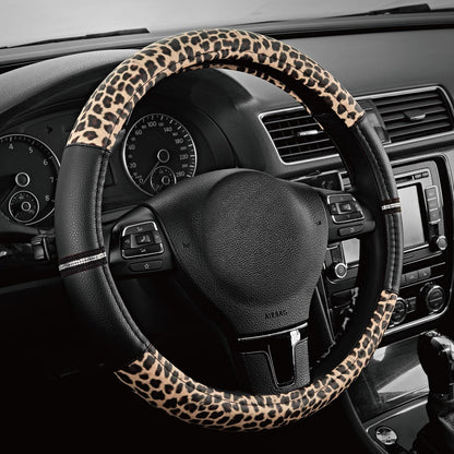 Road Comforts Leopard Steering Wheel Cover for Women, Cute Anti-Slip Premium PVC Leather, Fit 14.5-15 Inches Round Steering Wheel - Black