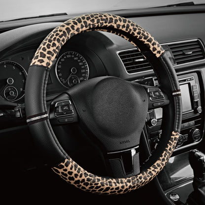 Road Comforts Leopard Steering Wheel Cover for Women, Cute Anti-Slip Premium PVC Leather, Fit 14.5-15 Inches Round Steering Wheel - Black