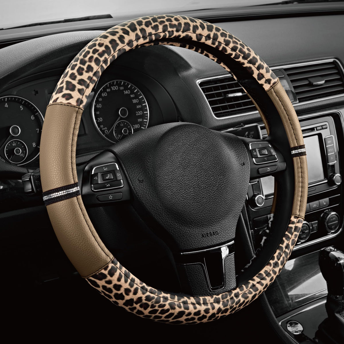 Road Comforts Leopard Steering Wheel Cover for Women, Cute Anti-Slip Premium PVC Leather, Fit 14.5-15 Inches Round Steering Wheel - Black
