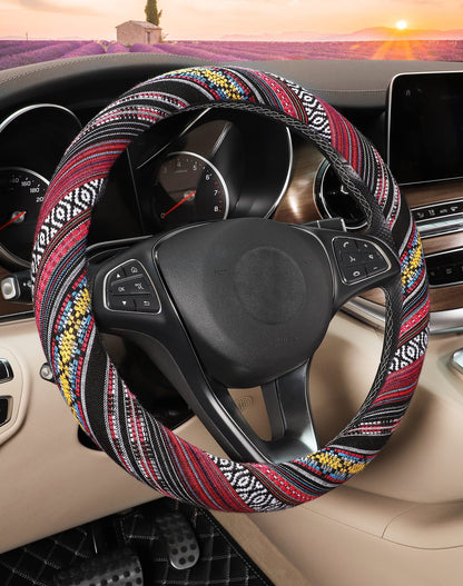 SEG Direct Boho Steering Wheel Cover, Baja Blanket Cloth, Coarse Flax